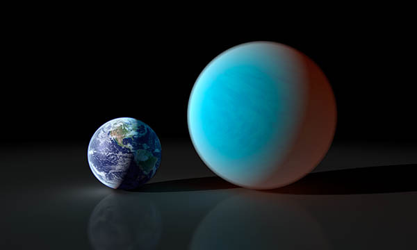 A graphic showing Earth contrasted with a conception of the "super-Earth" 55 Cancri e.