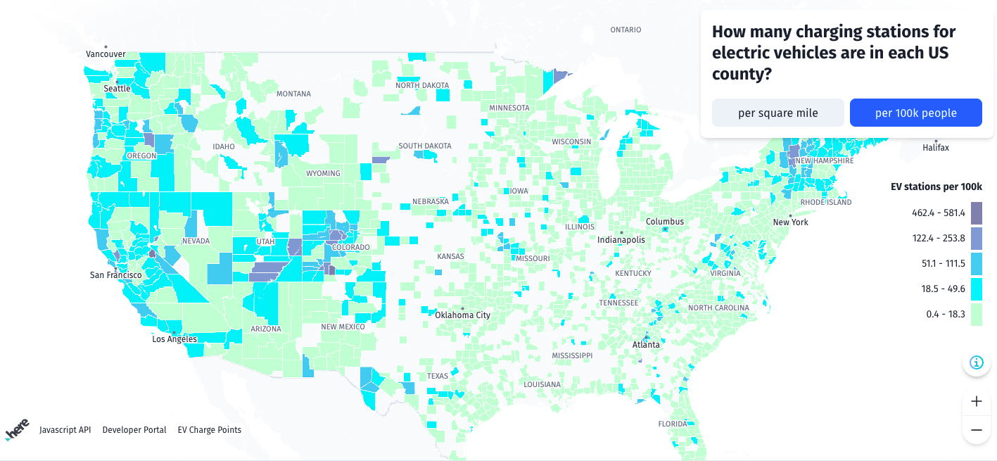 A map of EV charging stations per capita.