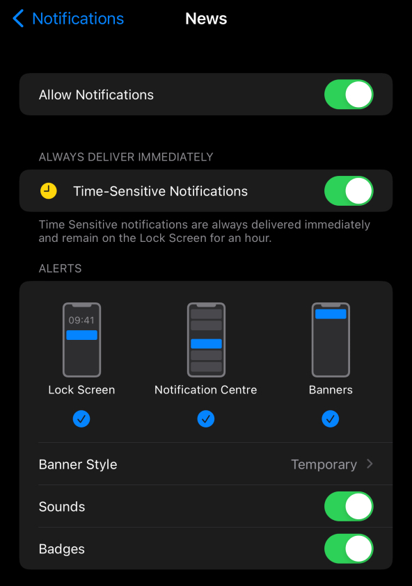 News Notifications selector