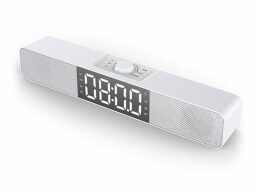 White soundbar speaker with 08:00 displayed