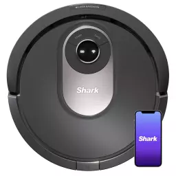 the shark ai robot vacuum next to a smartphone displaying the shark logo