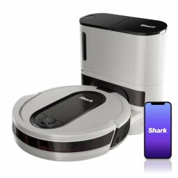 the shark ez robot vacuum next to a smartphone displaying its mobile app