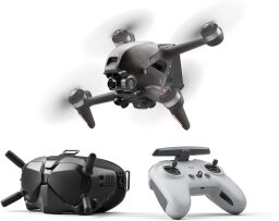 drone with four propellers, VR headset, remote control