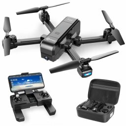 drone with four arms next to remote control and carrying case