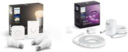 white bulbs, Hue bridge, and button next to LED strip light and power cords