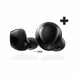 a black pair of the samsung galaxy buds+ next to a small black plus sign