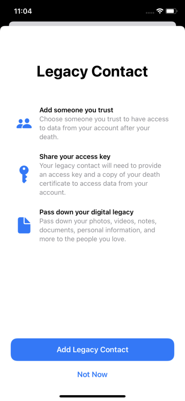 Screenshot of Apple popup explanation window for Legacy Contacts