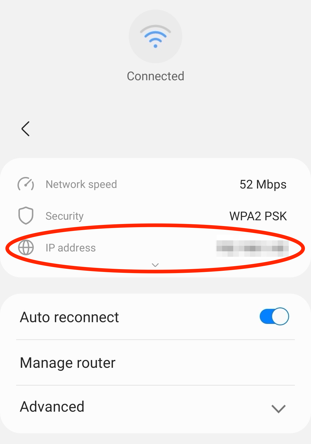 Screenshot of WiFi network information on a Samsung Galaxy