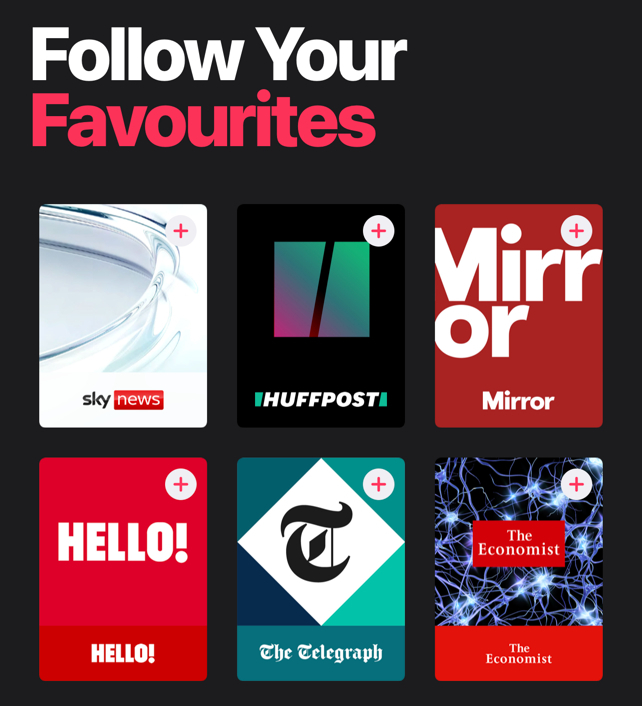 "Follow Your Favourites" and various icons of news sources