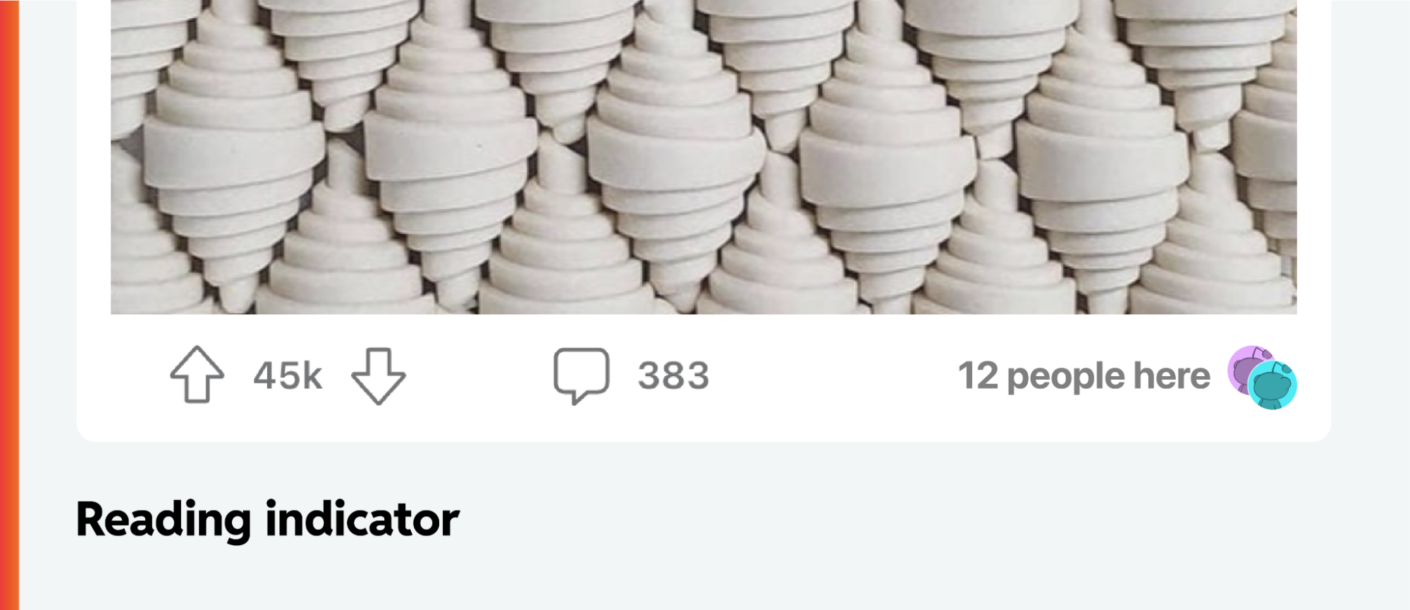 Screenshot of Reddit's new reading indicator, showing text that read "12 people here".