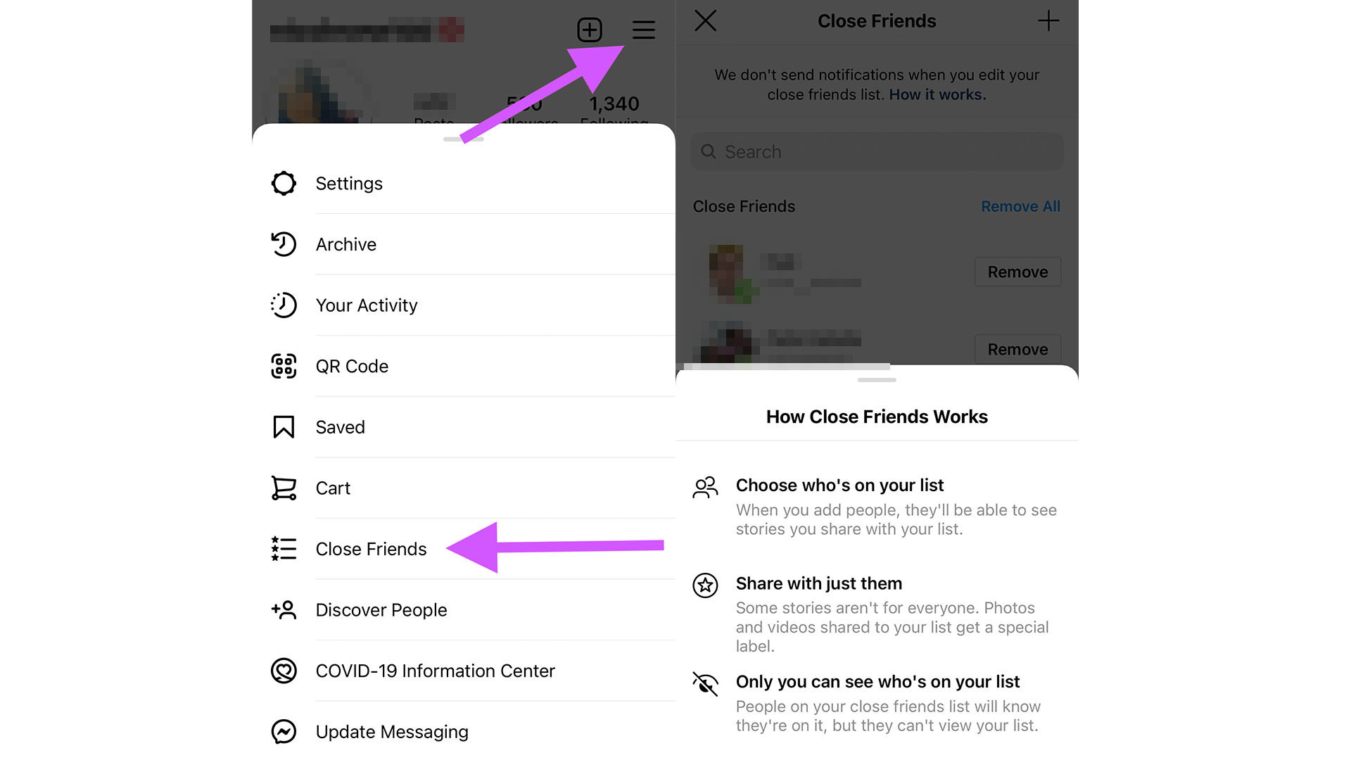 Two screenshots of the instructions for using Instagram's Close Friends feature.