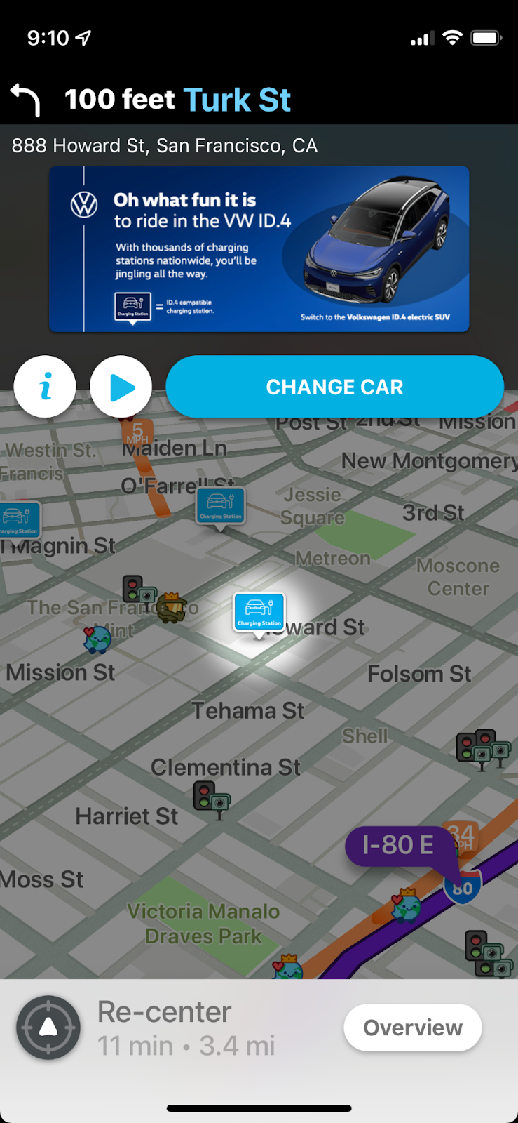 A map within the Waze app with a Volkswagen ad on the top.