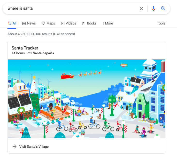 Screenshot of a Google Search using the term "Where is Santa," with the result featuring an animated Santa's Village.