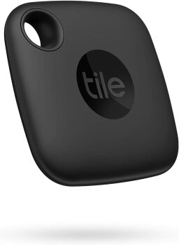 A small, black, square bluetooth tracker