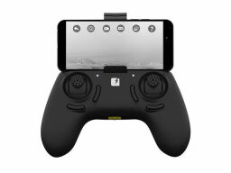 Black drone controller with phone displaying grey clouds
