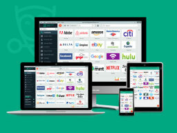 Computer, laptop, phone, and tablet with apps and website logos displayed on green background