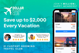 Advertisement for dollar flight club saying "save up to $2.000 every vacation"