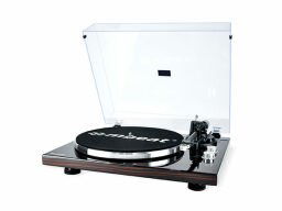 Black record player with glass cover