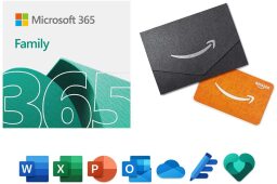 Microsoft 365 Logo and Amazon gift cards on white background