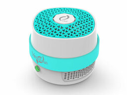Turquoise and white cylindrical speaker