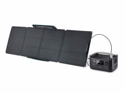 Four solar panels attached by cord to black power station