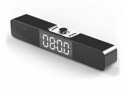 Black speaker with dial on top, displaying 08:00