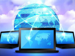 Three laptop graphics with different map pinpoints connected to blue globe graphic