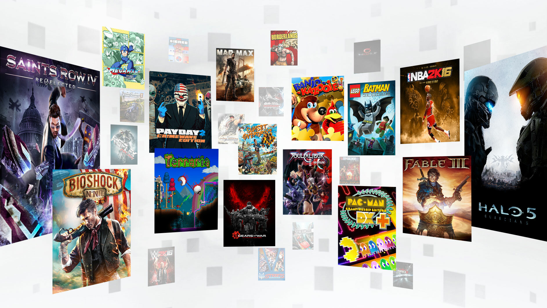 An artful arrangement of video game cover art featuring Xbox Game Pass titles, including covers for Saints Row 4, BioShock Infinite, PayDay 2, Halo 5, and Terraria.