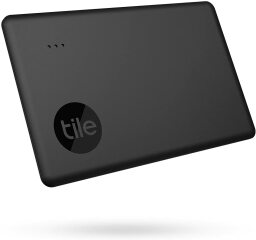 A slim, black, rectangular bluetooth tracker