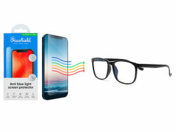 Phone with rainbow light graphics going towards pair of black glasses