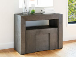 Brown table with bench and seat tucked under it 