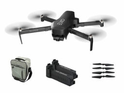 Black drone with grey bag, four replacement wings, and two batteries