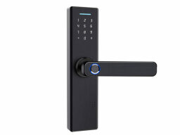 Black door lock with keypad and handle