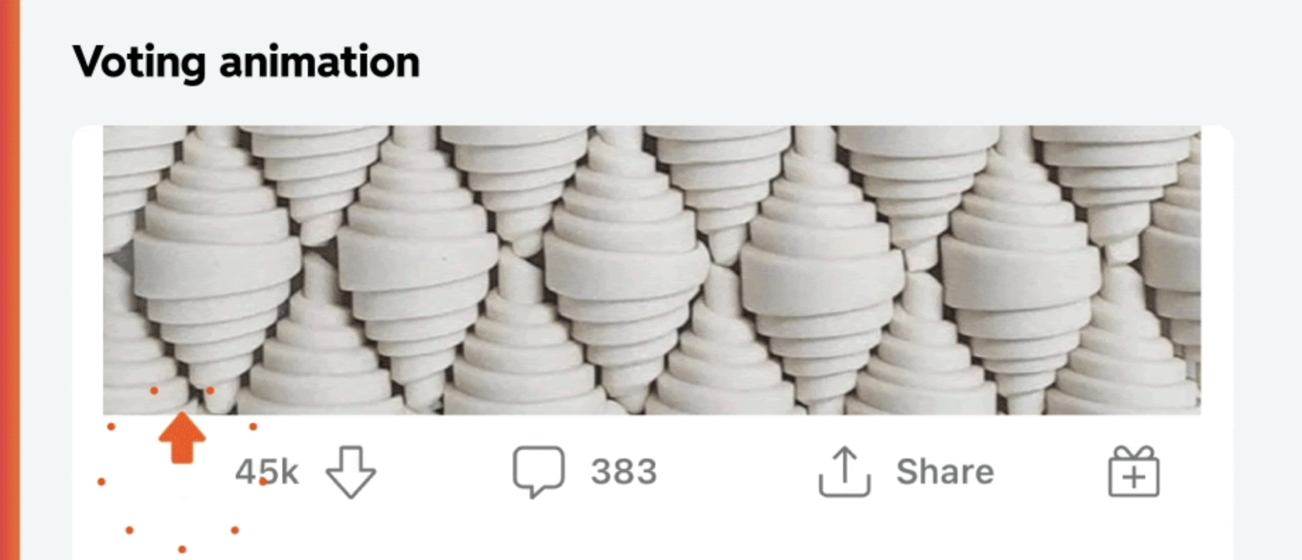 Reddit's new upvote animation in action, showing a red upvote arrow below a post surrounded by a burst of dots.