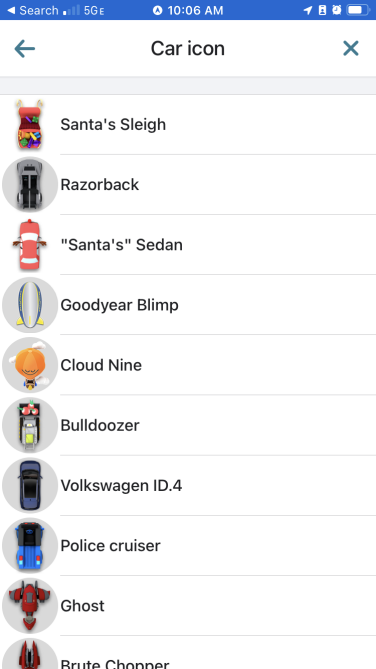 A list of different car icons you can select on the Waze app.