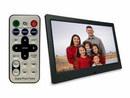 Black picture frame showing family photo next to remote