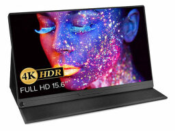 Black monitor displaying person's face splattered in neon paint in black light
