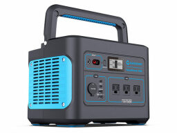 Black and blue cube power source with handle