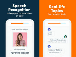 Orange and blue split screen of language learning app and conversation in spanish