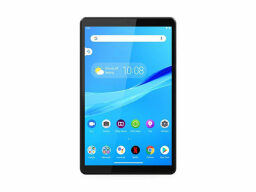 Black tablet with blue home screen