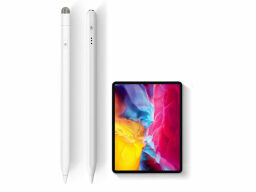 White stylus front and side view next to tablet with colors on screen