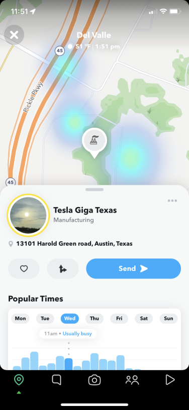 A screenshot of Snapchat showing the Place listing for the Tesla Gigafactory in Austin, Texas.