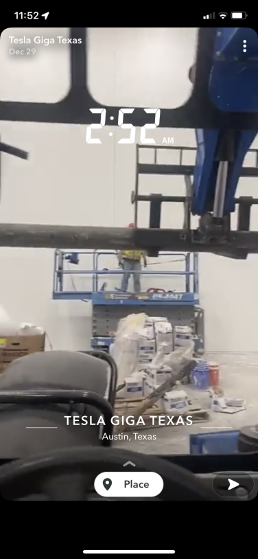 A screenshot of Snapchat showing a view of construction inside the Tesla Gigafactory in Austin, Texas.