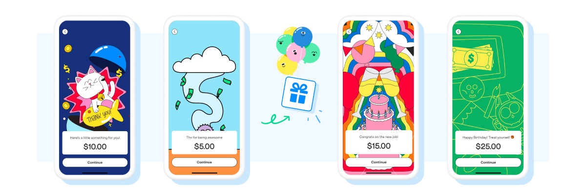Different Venmo gift designs on four phone screens.