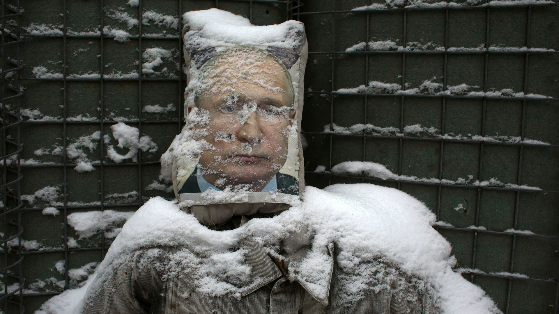 A poster of Russian dictator Vladimir Putin affixed to the 