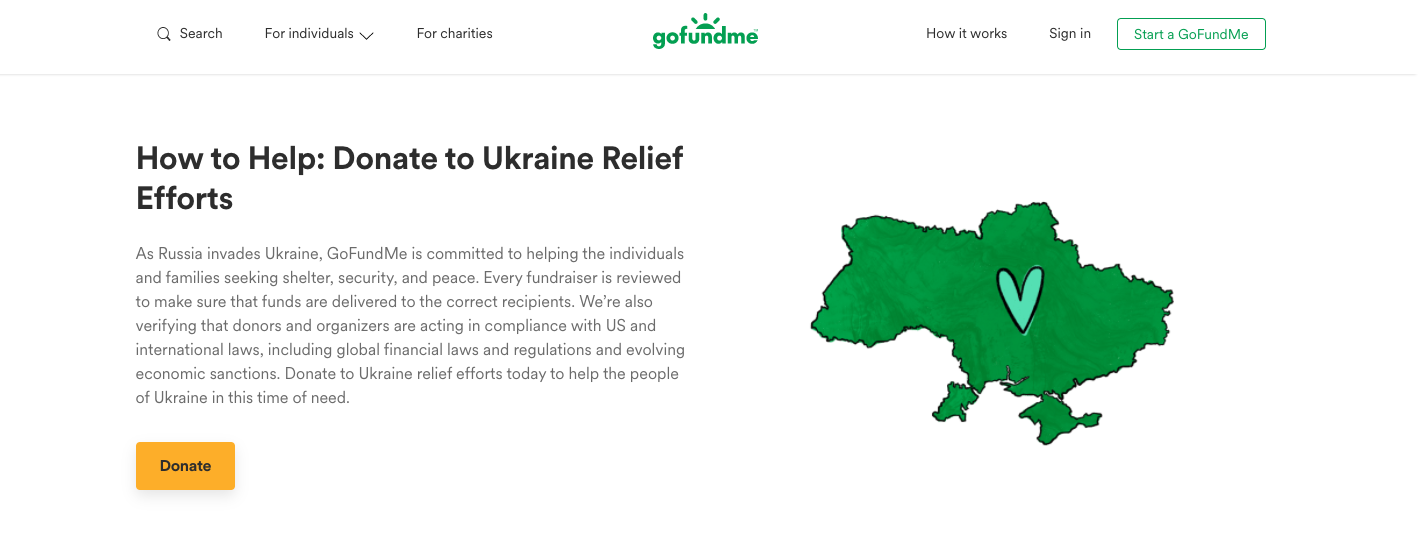 GoFundMe landing page for donations to Ukraine, showing a green map of Ukraine next to a block of text.