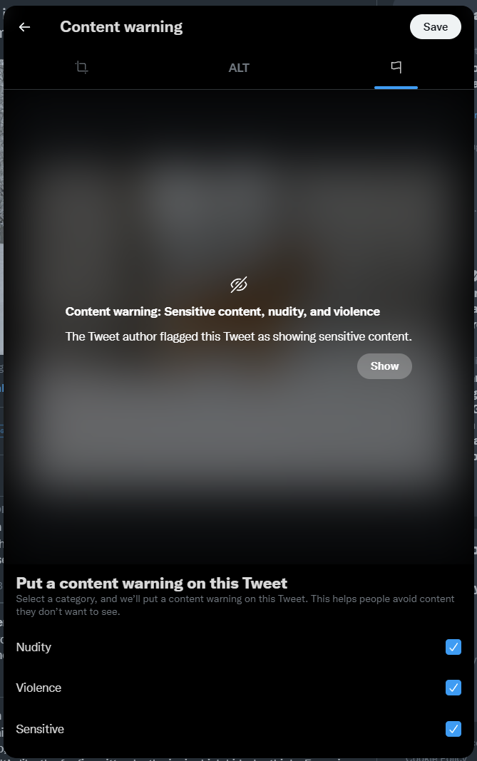 A screenshot of Twitter's content warning interface. At the bottom is text that reads: "Put a content warning on this tweet. Select a category, and we'll put a content warning on this Tweet. This helps people avoid content they don't want to see." There are three checkbox options to choose from: Nudity, Violence, Sensitive. All three options are checked off and a preview pane above the text shows what the live content warning will look like.