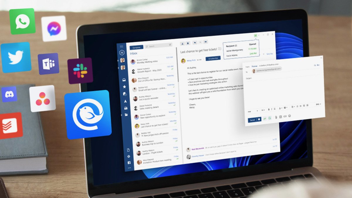 Email window on screen with app icons to the side