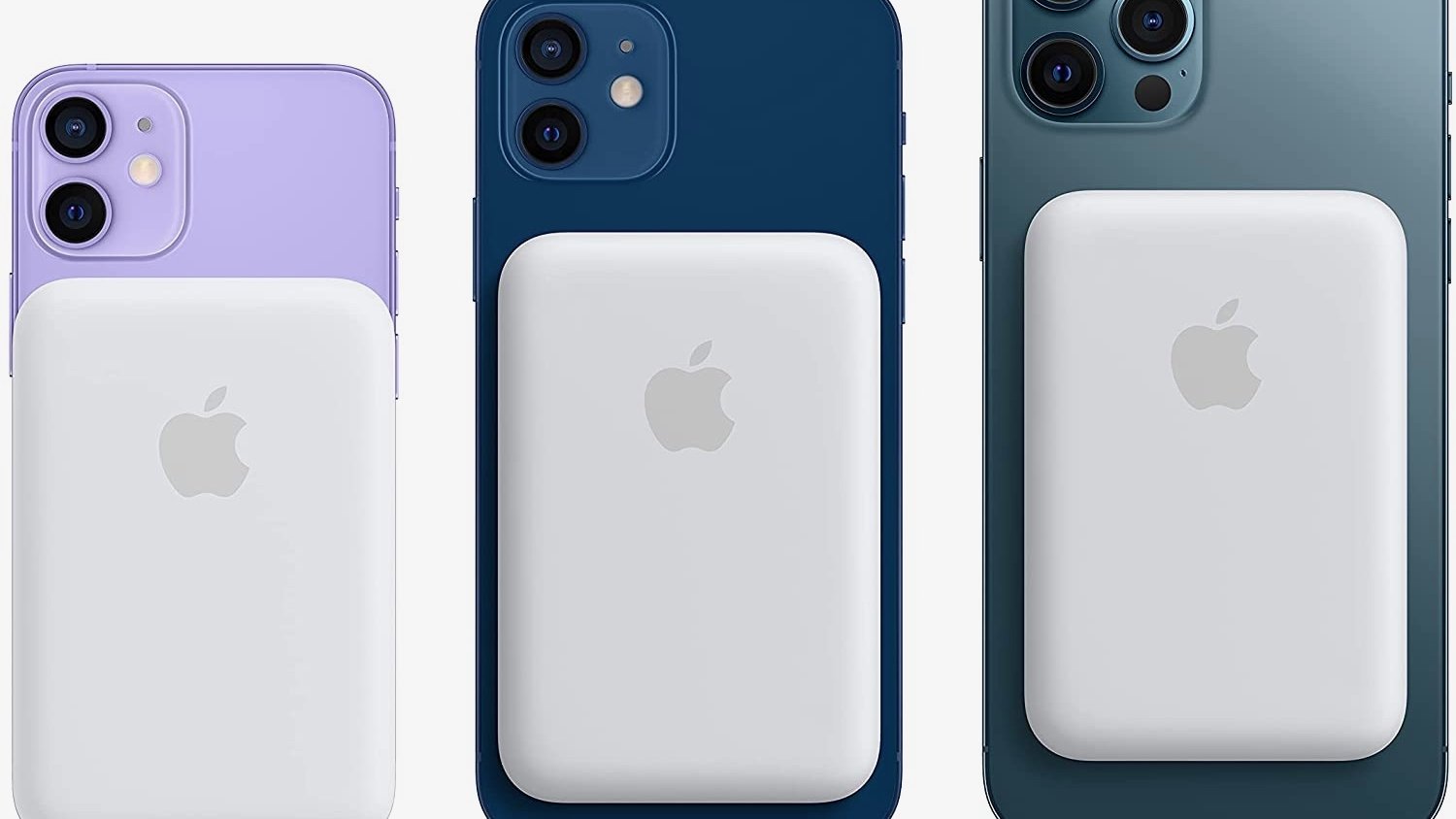 White apple magsafe charger on top of three iphones from different generations