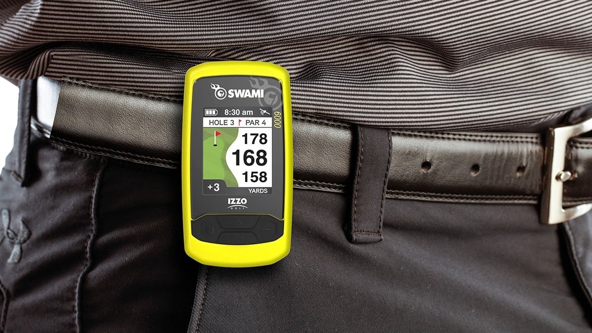 Yellow golf gps clipped to pants